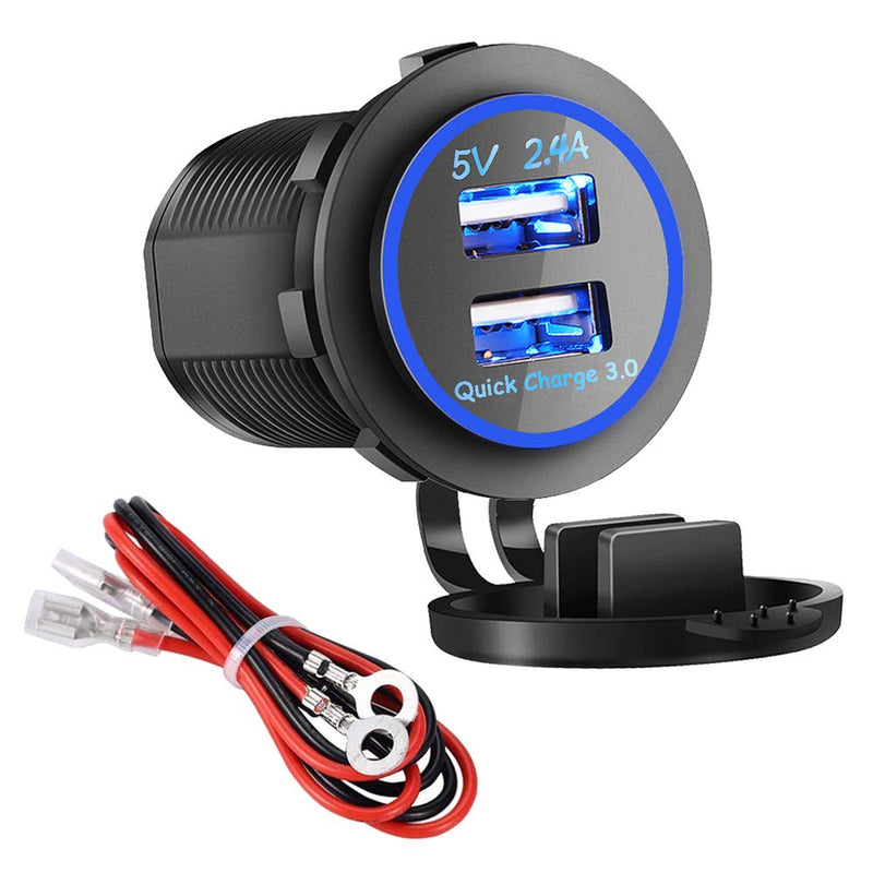 [Australia - AusPower] - Dual USB Charger Socket Power Outlet - Quick Charge 3.0 & 2.4A Port for Car Boat Marine Rv Mobile with Wire Fuse DIY Kit (QC 3.0 - Blue) 