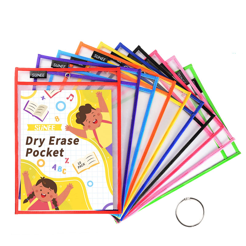 [Australia - AusPower] - SUNEE 10 Packs Oversized Reusable Dry Erase Pocket Sleeves with Binder Ring, 10 Assorted Colors 10x14 Ticket Holders, Clear Plastic Sheet Protectors, Teacher School Classroom Supplies 