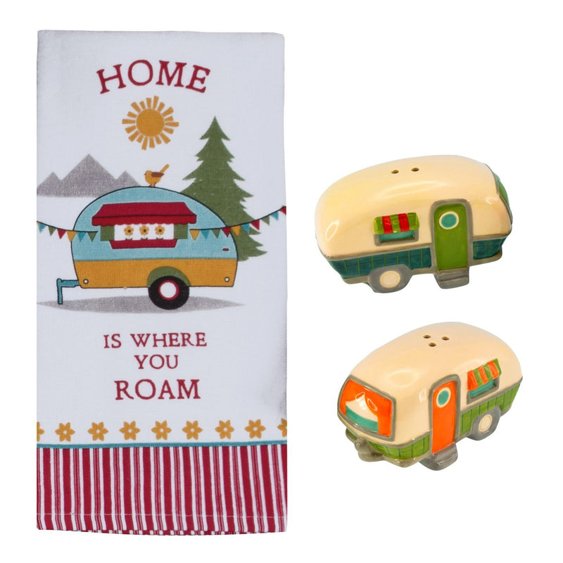 [Australia - AusPower] - Aintree Exclusives Camping Life Terry Towel with Camper Salt and Pepper Shaker Set - Traveler Getaway Themed Kitchen Accessory Pack by Kay Dee Designs and Beachcombers Coastal Life 