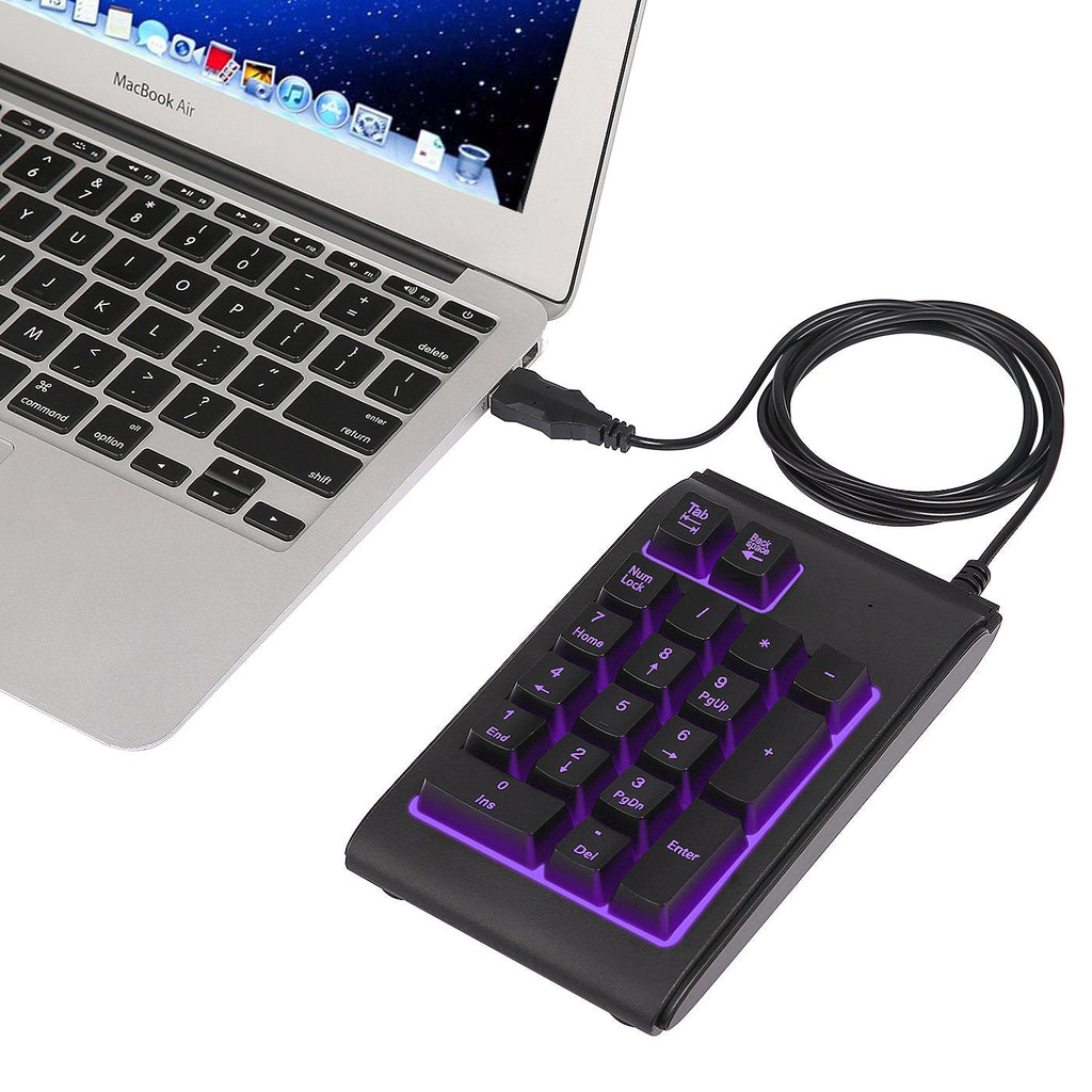 [Australia - AusPower] - HDE USB Numeric Keypad with Adjustable LED Backlight, Water Resistant Mini 18 Key Number Pad - Color Changing Backlit Keys USB Wired Numpad for Windows PC Laptop Computer MacBook 