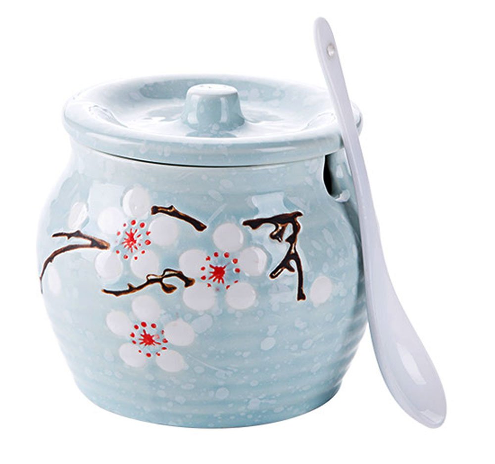 [Australia - AusPower] - Ceramics Japanese Flower Sugar Bowl Seasoning Pot Salt Pepper Storage Jar with Lid And Spoon Blue 