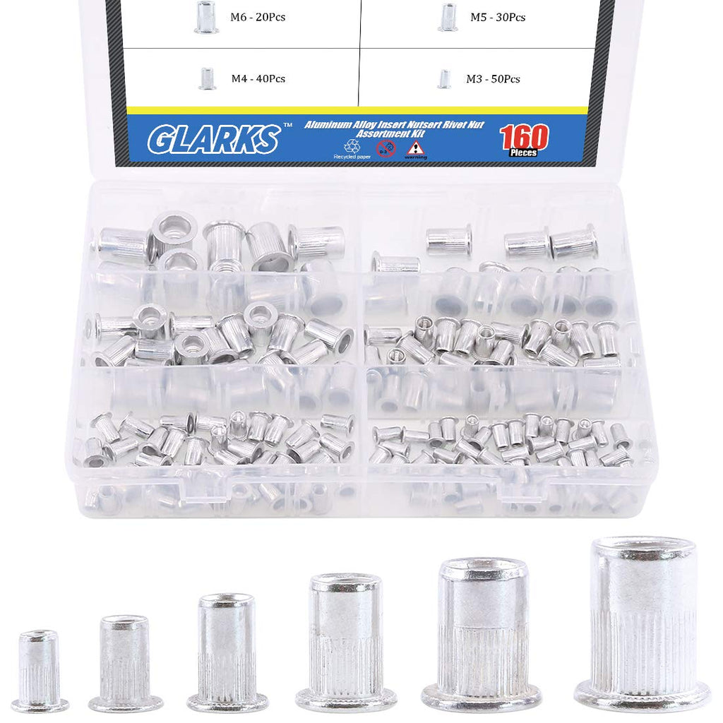 [Australia - AusPower] - Glarks 160Pcs Aluminum Alloy M3 M4 M5 M6 M8 M10 Flat Head Metric Threaded Rivetnut Insert Nutsert Rivet Nut Assortment Kit 