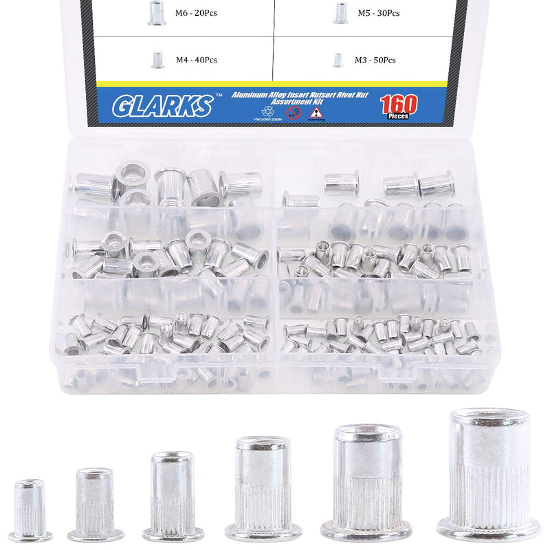 [Australia - AusPower] - Glarks 160Pcs Aluminum Alloy M3 M4 M5 M6 M8 M10 Flat Head Metric Threaded Rivetnut Insert Nutsert Rivet Nut Assortment Kit 