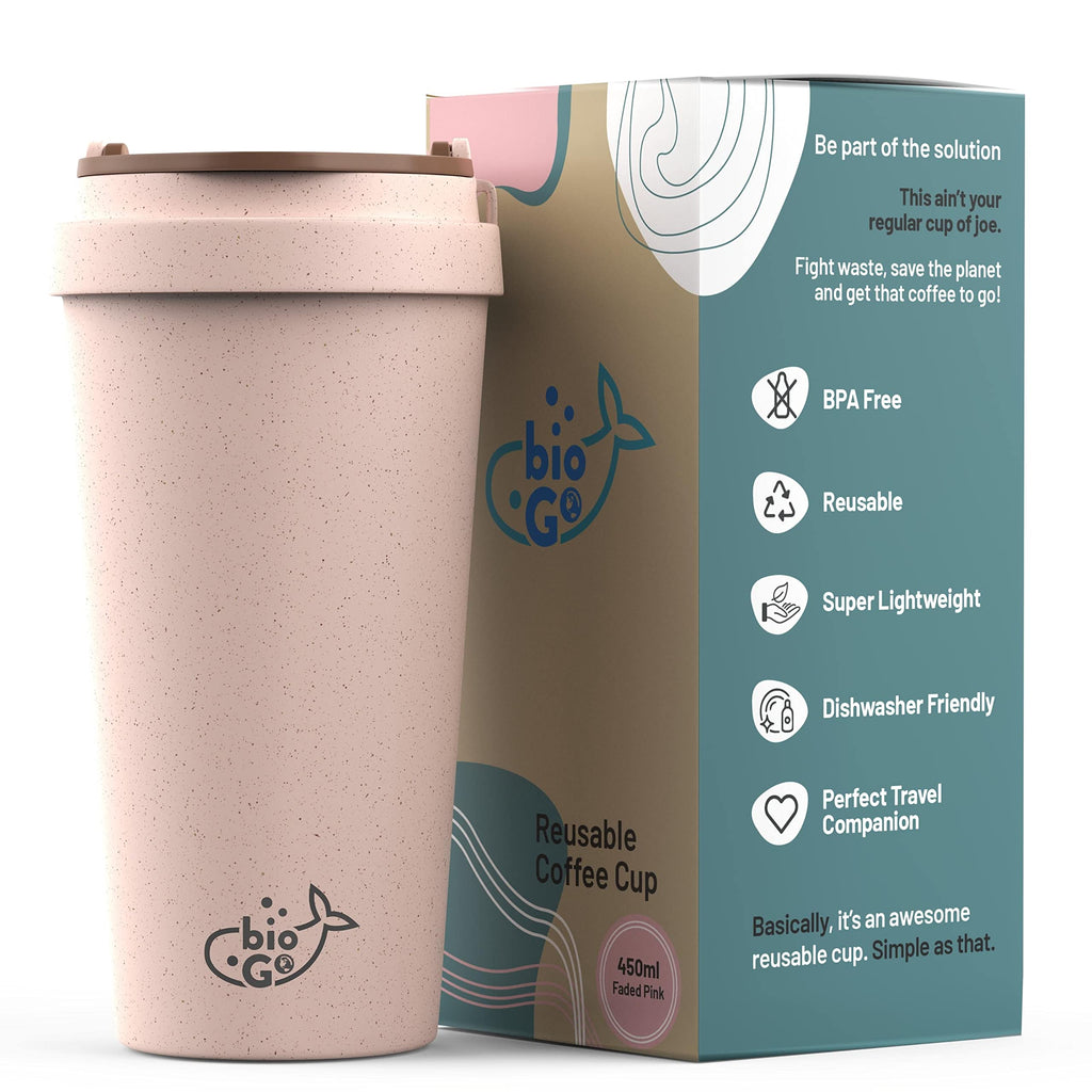 [Australia - AusPower] - bioGo Reusable Coffee Cup with Lid | To Go Portable Coffee Cup | Dishwasher Safe Travel Coffee Mug | Coffee Travel Mug for Women | Insulated Plastic Travel Cup for Men | Cute Tea Mug | (Pink, 16 oz) Faded Pink 16oz 