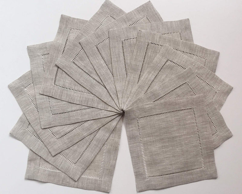 [Australia - AusPower] - Ladder Hem Stitch Natural Linen Cocktail Napkins- 1 Dozen 6"x6"- Linen Cloth Napkin Coasters-Set of 12 