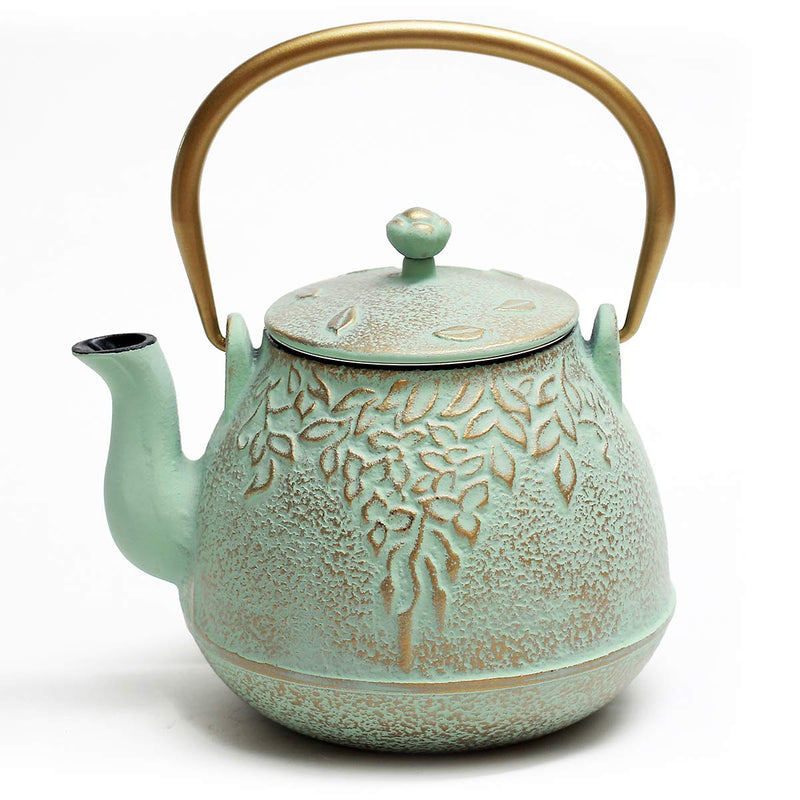 [Australia - AusPower] - Tea Kettle, TOPTIER Japanese Cast Iron Teapot with Stainless Steel Infuser, Cast Iron Tea Kettle Stovetop Safe, Leaf Design Teapot Coated with Enameled Interior for 32 Ounce (950 ml), Light Green 32 oz / 950 ml 