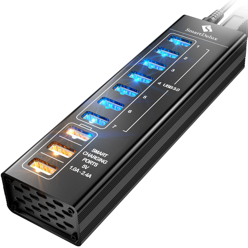 [Australia - AusPower] - SmartDelux Powered USB Hub - 10-Port USB 3.0 Hub with 7 USB 3.0 Ports, 3 Smart Charging Ports, Power Adapter, Long Cord, LEDs - Black Aluminum 10-port USB Hub 
