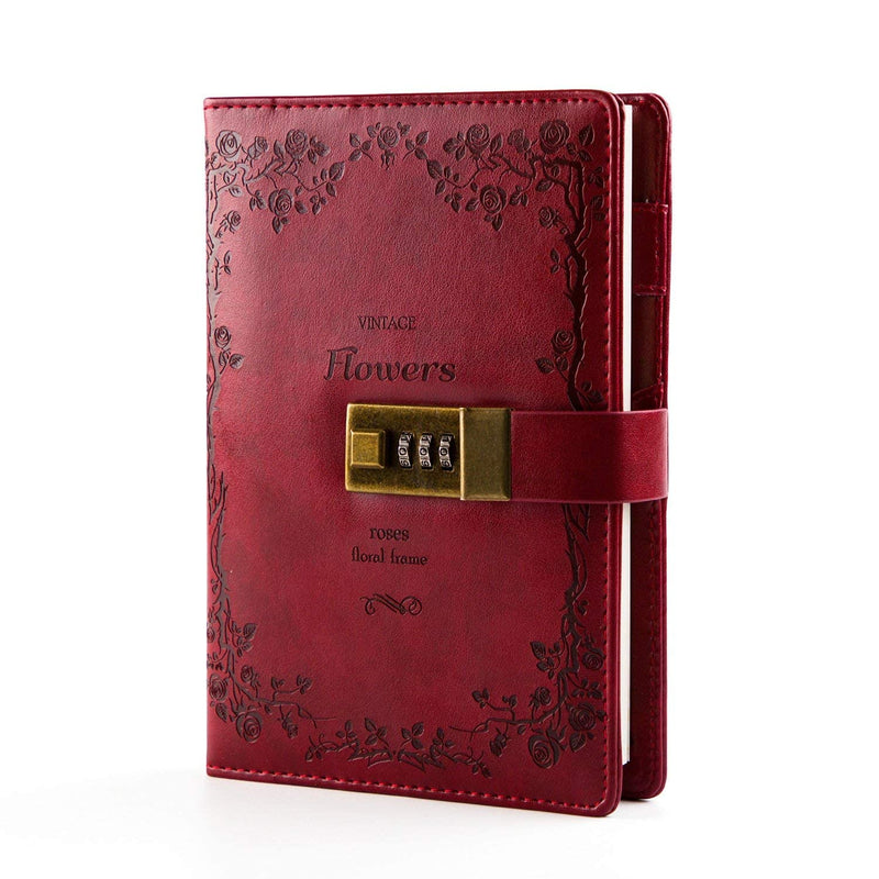 [Australia - AusPower] - CAGIE Lock Diary Leather Locking Journal Writing Notebook Vintage Lock Planner Agenda Personal Diary Wine Red A Wine Red 