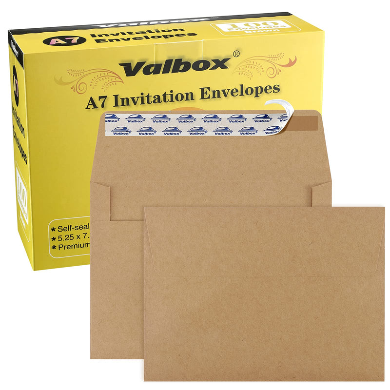 [Australia - AusPower] - ValBox 5x7 Envelopes for Invitation 100 Qty A7 Envelopes Self Seal Brown, Kraft Paper Envelope for 5x7 Cards, Weddings, Baby Shower, Stationery, Office, 5.25 x 7.25 Inches A7 (5.25x7.25 Inches) 