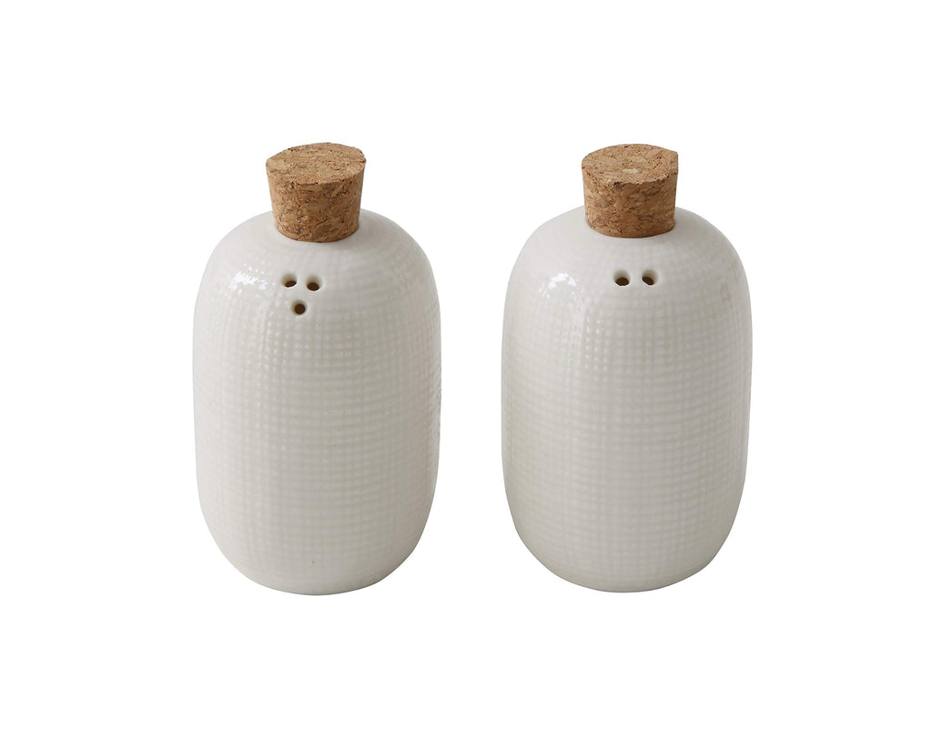 [Australia - AusPower] - Bloomingville Set of 2 White Embossed Ceramic Salt & Pepper Shakers with Cork Stoppers 