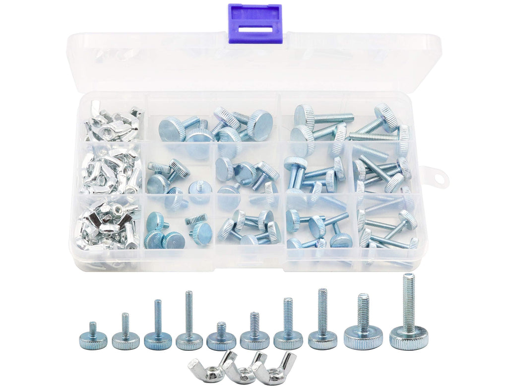 [Australia - AusPower] - LBY 100pcs Knurled Hand Screw, M3/M4/M5 Flat Knurled Head Fully Threaded Thumb Screws(Single Layer Step) and Wing Nuts 13 Kinds Assortment Kit, Carbon Steel Galvanize 