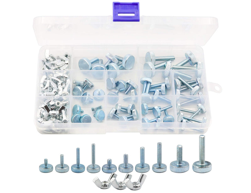 [Australia - AusPower] - LBY 100pcs Knurled Hand Screw, M3/M4/M5 Flat Knurled Head Fully Threaded Thumb Screws(Single Layer Step) and Wing Nuts 13 Kinds Assortment Kit, Carbon Steel Galvanize 