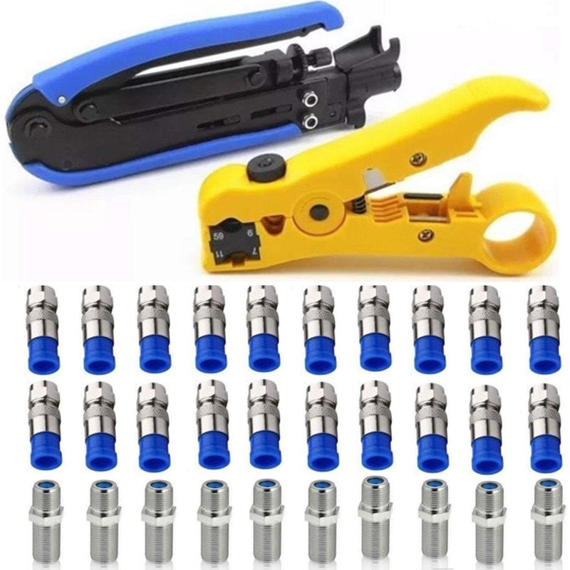 [Australia - AusPower] - Coaxial Compression Tool Coax Cable Crimper Kit Adjustable rg6 rg59 rg11 75-5 75-7 Coaxial Cable Stripper with 20pcs F Male And 10pcs Female to Female rg6 Connectors 