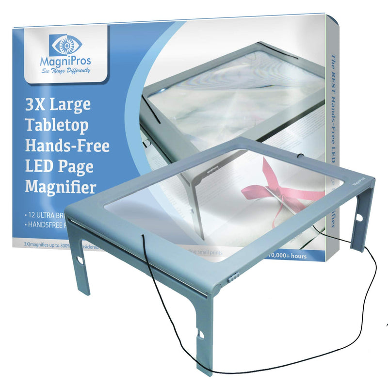 [Australia - AusPower] - 3X Large Full Page Magnifier with 12 LED Lights[Provide Evenly Lit Viewing Area], Foldable Flip-Out Legs, Dual Power Supply Modes- Ideal for Hands Free Reading, Low Vision, Seniors with Aging Eyes 