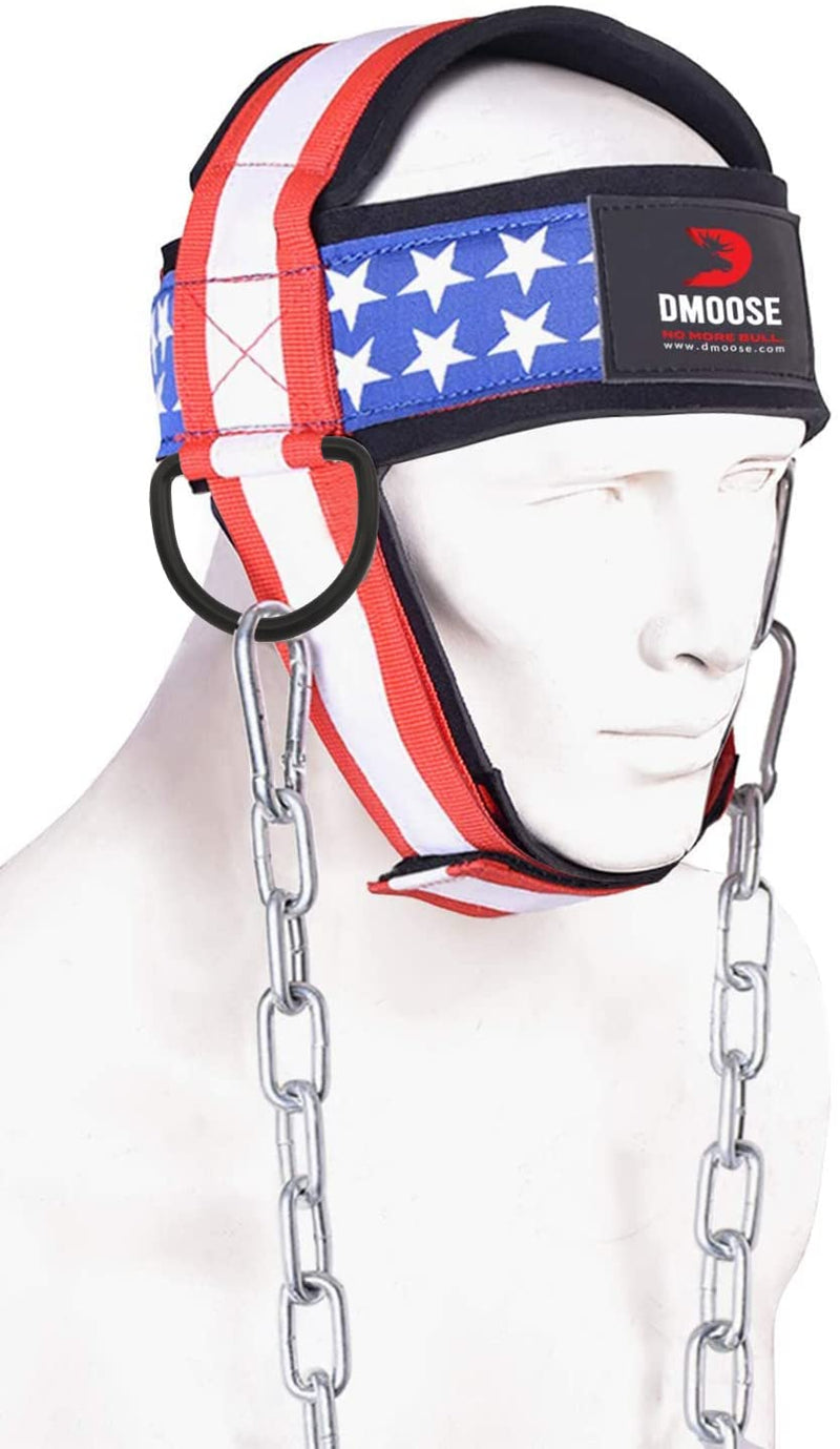 [Australia - AusPower] - DMoose Neck Harness for Weight Training, Neck Exerciser for Neck Workout Equipment Gym, Neck Trainer with Adjustable Long Steel Chain and Strap, Neoprene Support Head Harness, Improve Muscle Strength American With Support Strap 