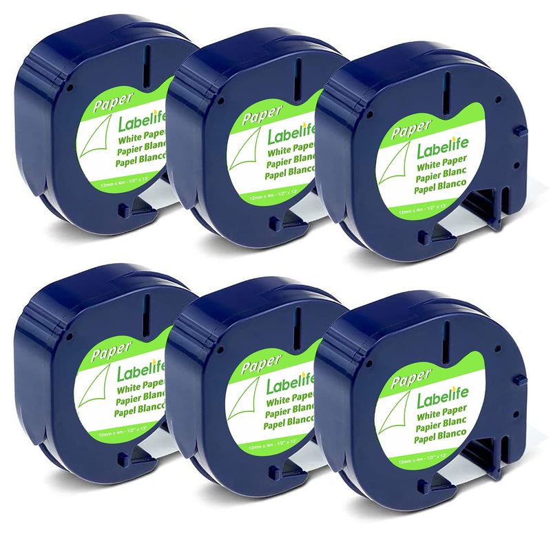 [Australia - AusPower] - Labelife 6-Pack Compatible Label Tape Replacement for Dymo Letratag Labeling Refills 91330 10697 (S0721510) Black on White Self-Adhesive Paper Tape for LetraTag LT-100T LT-100H QX50, 1/2 Inch x 13 ft 