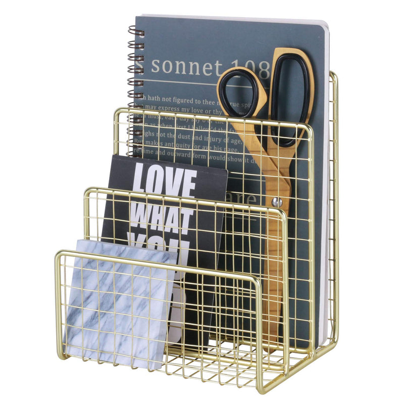 [Australia - AusPower] - Geiornzer 3 Slots Letter Holder, Metal Multifunctional File Holder for Mails, Books, Brochures and Postcards, Desktop Office Organizer Decoration, 5.6” x 3.7” x 7.0” , Gold 