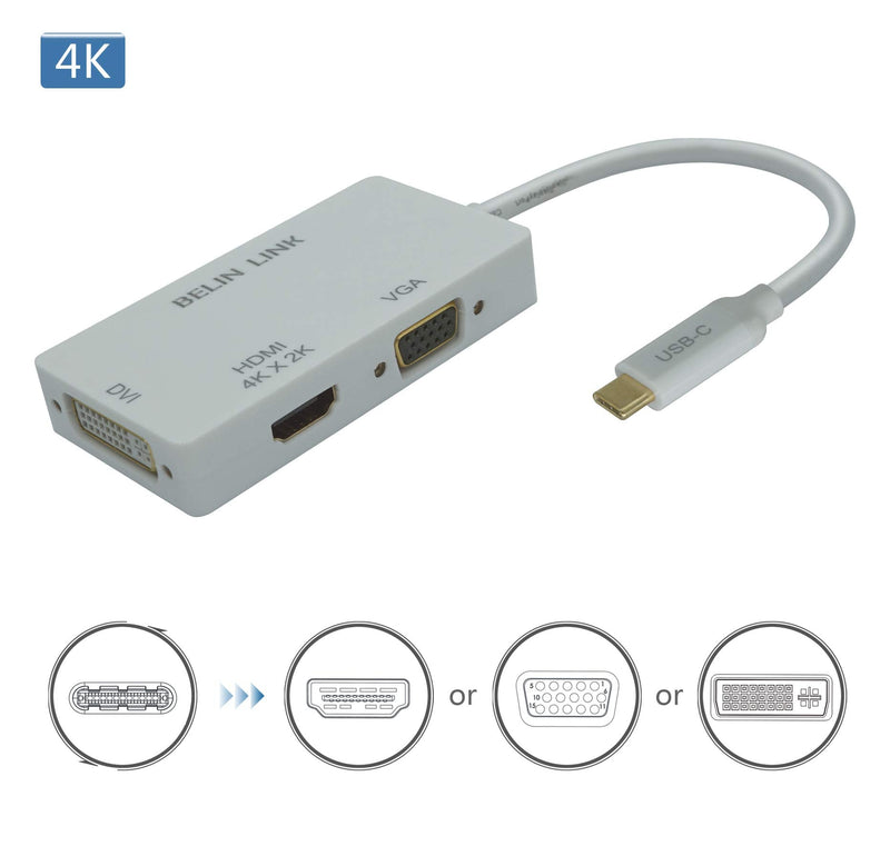 [Australia - AusPower] - USB-C to DVI Adapter 3 in 1 Type C to vga Adapter Adapter for HDMI/VGA/DVI to USB Compatible Thunderbolt 3 with Gold-Plated Connector for MacBook Pro 3in1 Rectangle White 