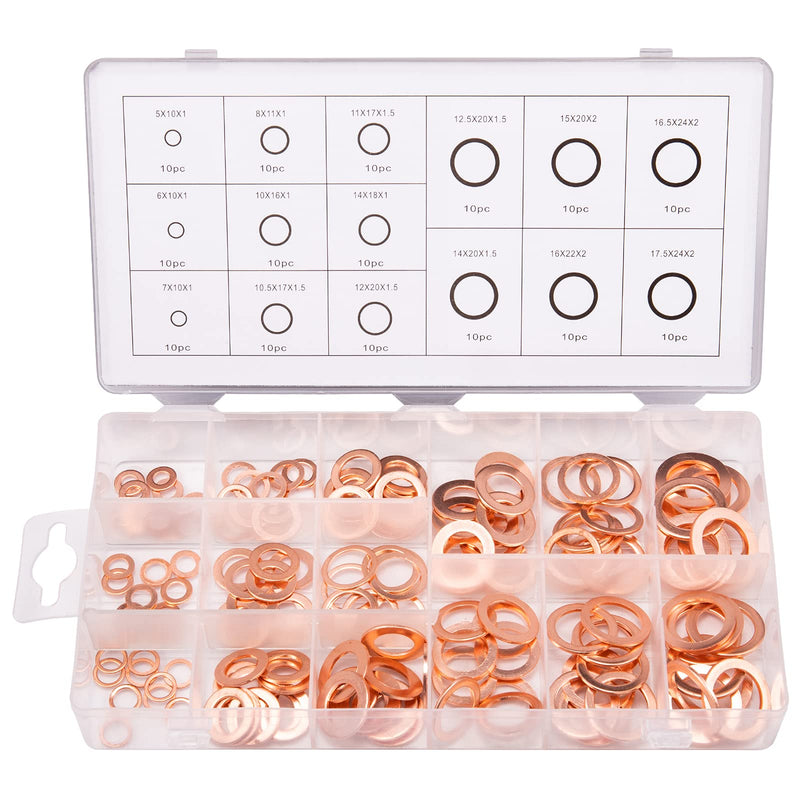 [Australia - AusPower] - Toolwiz 150PCS 15 Sizes Copper Metric Sealing Washers Assortment Set Flat Ring Sump Plug Oil Seal Gasket Sealing Washers Crush Washer Assortment M5/6/7/8/10/10.5/11/12/12.5/14/15/16/16.5/17.5 