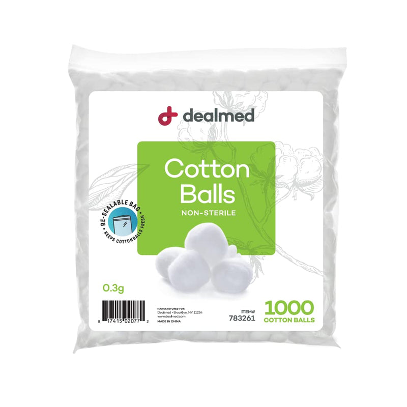 [Australia - AusPower] - Dealmed Cotton Balls – 1000 Count Medium Cotton Balls, Non-Sterile Bag of Cotton Balls in Easy to Access Zip-Locked Bag, Great for Skin Prep, Wound Cleansing, and DIY Needs 1000 Count (Pack of 1) 