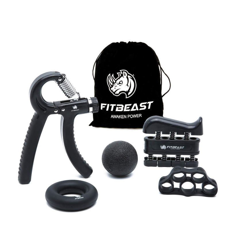 [Australia - AusPower] - FitBeast Hand Grip Strengthener Workout Kit (5 Pack) Forearm Grip Adjustable Resistance Hand Gripper, Finger Exerciser, Finger Stretcher, Grip Ring & Stress Relief Grip Ball for Athletes Black 