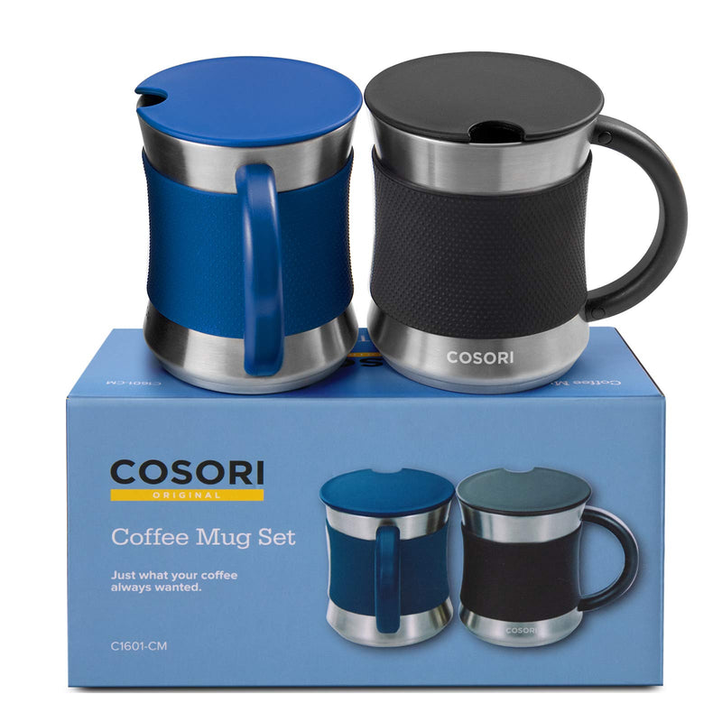 [Australia - AusPower] - COSORI Coffee Mug with Lids Set of 2, Stainless Steel Cups with Heat-resistant Handle & Slip-resistant Sleeve, 17 oz, Best Match w/Mug Warmer, for Coffee,Tea,Water,Cocoa, Milk, C1601-CM, Black & Blue 
