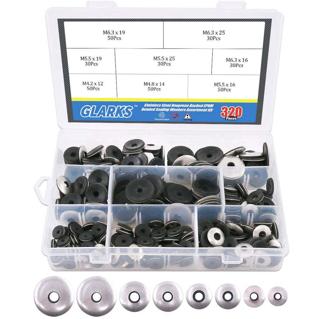 [Australia - AusPower] - Glarks 320Pcs Stainless Steel Neoprene Backed EPDM Bonded Sealing Washers Assortment Kit Work for #4/ #5/ #6 Screws 