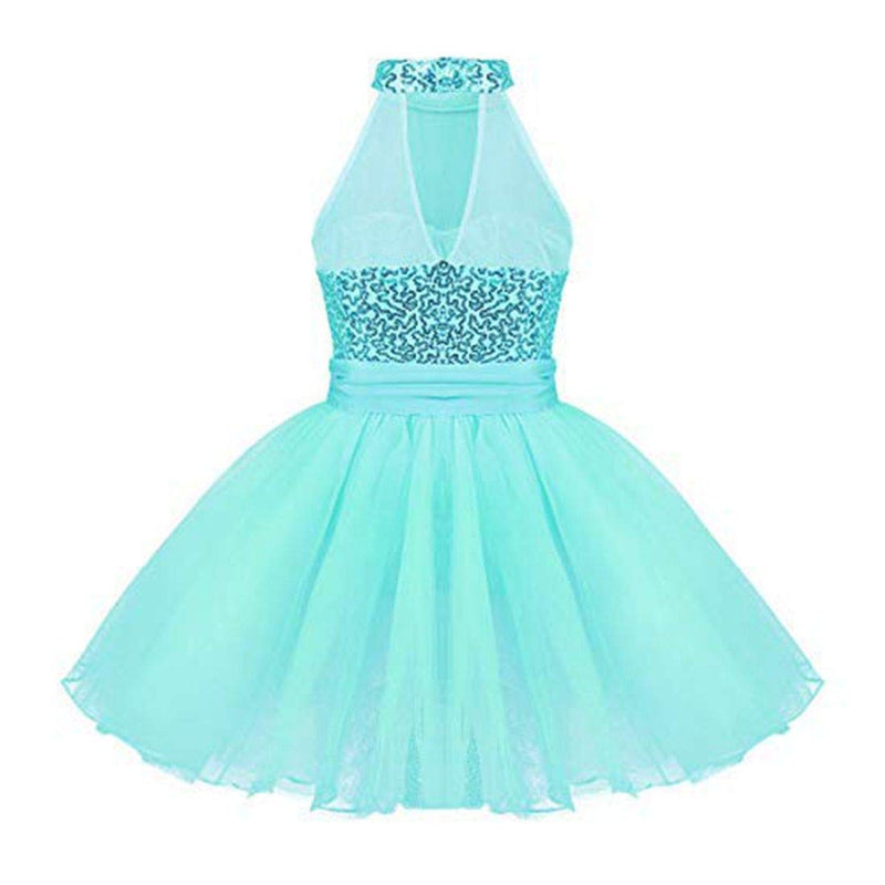 [Australia - AusPower] - Agoky Kids Girls Halter Sleveeless Sequins Mesh Ballet Tutu Dress Gymnastics Leotard Jumpsuit Lake Blue 8-10 
