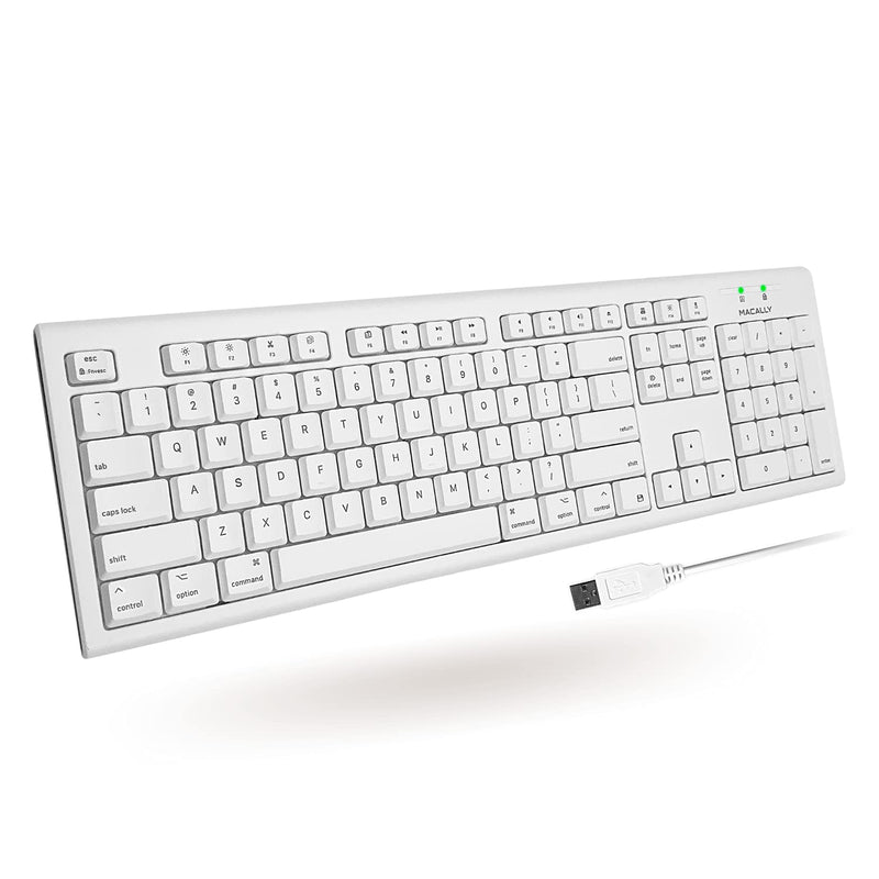 [Australia - AusPower] - Macally Full-Size USB Wired Keyboard for Mac Mini/Pro, iMac Desktop Computer, MacBook Pro/Air Desktop w/ 16 Compatible Apple Shortcuts, Extended with Number Keypad, Rubber Domed Keycaps - Spill Proof white 