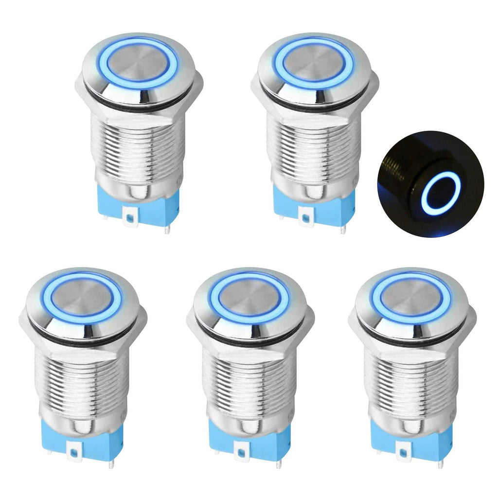 [Australia - AusPower] - 5PCS DC 12V/24V Metal Latching Push Button Switch, 4 Pin Car RV Truck Boat SPST ON/Off Switch, Waterproof Self-Locking Round Marine Switch with Blue LED Light for 12mm 1/2" Mounting Hole 
