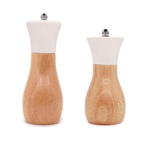 [Australia - AusPower] - Salt Grinder White Wooden Pepper Grinder Sea Salt And Pepper Grinders Set 5” And 6” Salt Mills of Oilcan Shaped For Blue Or White By Tessie & Jessie (Oilcan, White) Oilcan(5"+6") 