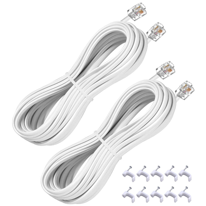 [Australia - AusPower] - 25FT Telephone Extension Cord Cable, Landline Phone Line Wire with RJ11 6P4C Plugs, Includes Cable Clips - White - 2 Pack 25FT 