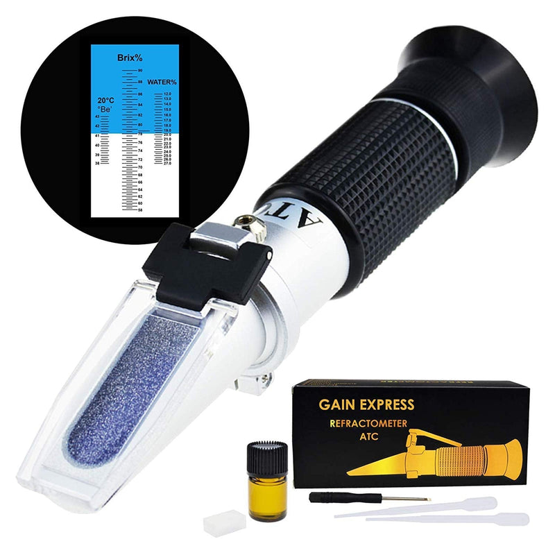 [Australia - AusPower] - 3-in-1 Honey Refractometer Brix/Moisture/Baume Tester Meter ATC, Tri-Scale 58-90%/12-27%/38-43Be', Sugar Water Content Level Beekeeping Maple Syrup, Test Kit w/Calibration Oil & Block 