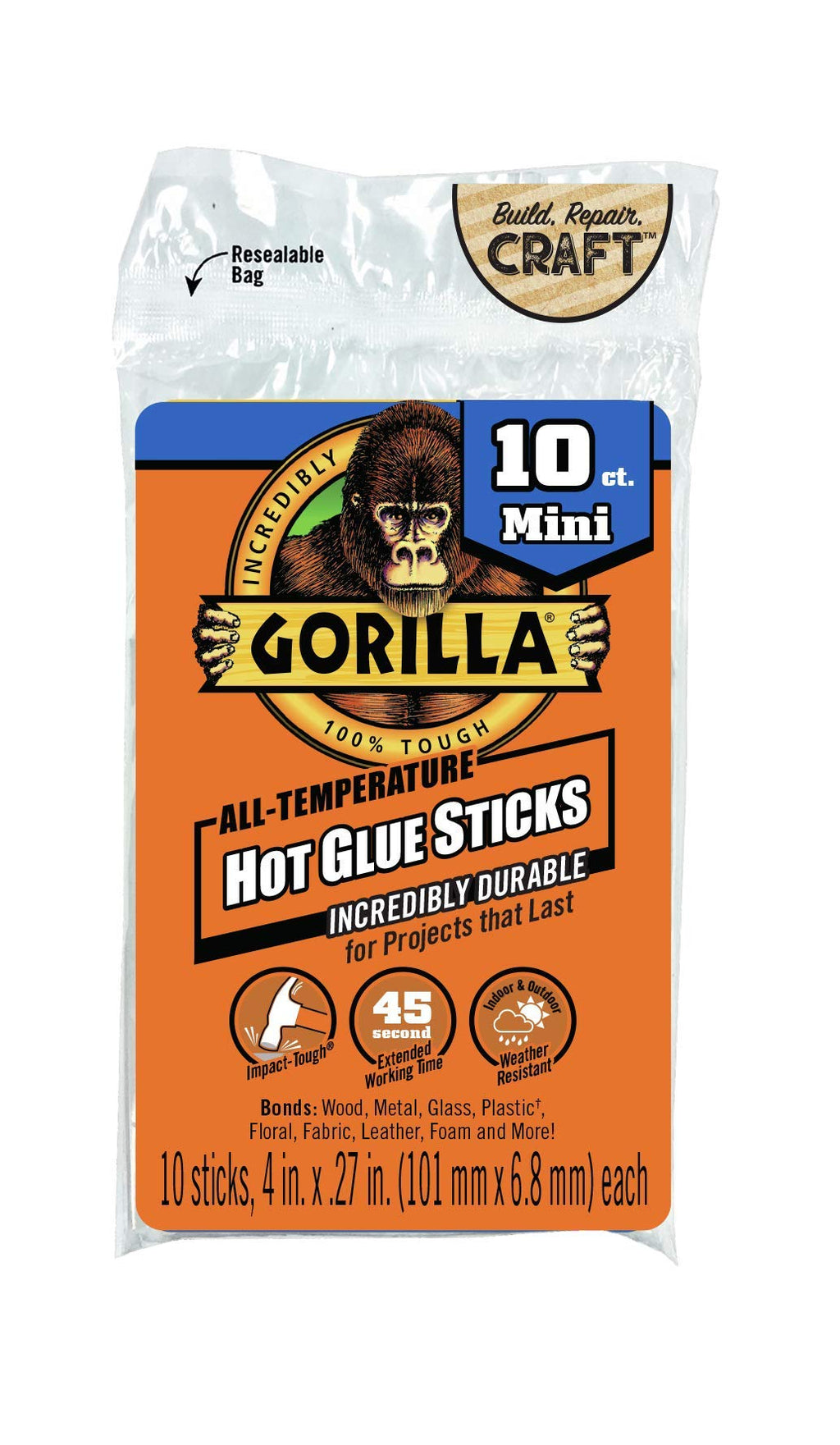 [Australia - AusPower] - Gorilla Hot Glue Sticks, Mini Size, 4" Long x .27" Diameter, 10 Count, Clear, (Pack of 1) 