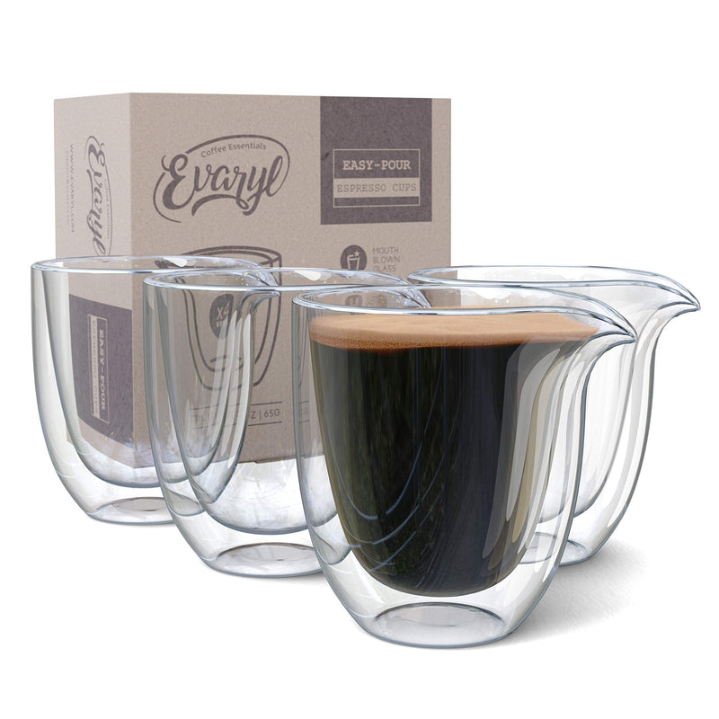 [Australia - AusPower] - Easy Pour Espresso Cups Set of 4 - Clear Insulated 2.6oz Espresso Shot Glasses - Double Wall Espresso Cups Sets - Demitasse Glass Espresso Cup for Coffee, Tea Lungo Mugs - Espresso Machine Accessories 