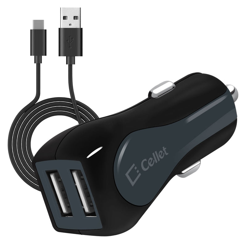 [Australia - AusPower] - Cellet High Powered 3Amp, Fast Charging 15Watt, Dual USB Port Car Charger with 4ft Long Type-C Cable Compatible for BlackBerry Keyone/Essential Phone 