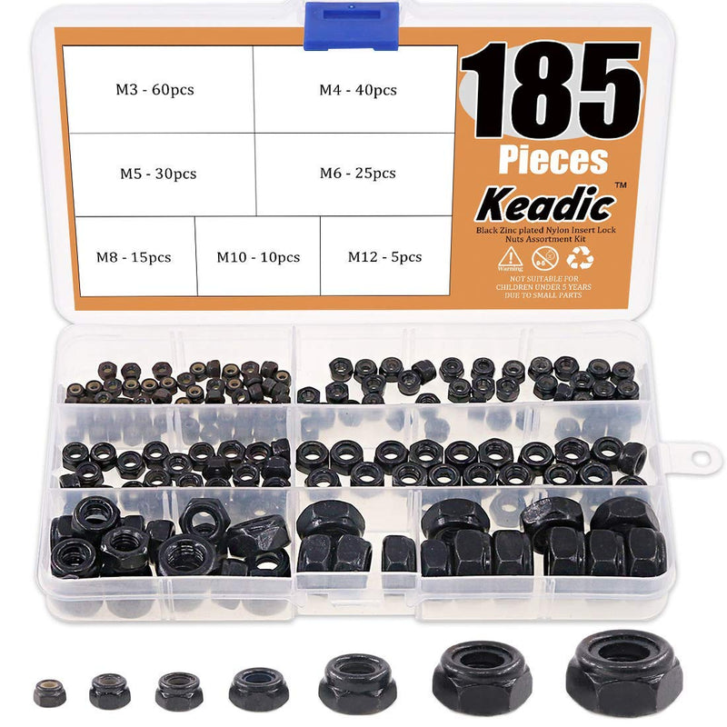 [Australia - AusPower] - Keadic 185 Pieces Metric Black Zinc Plated Nylon Insert Lock Nuts Assortment Kit for Matching Screws or Bolts - Sizes Include：M3 M4 M5 M6 M8 M10 M12 