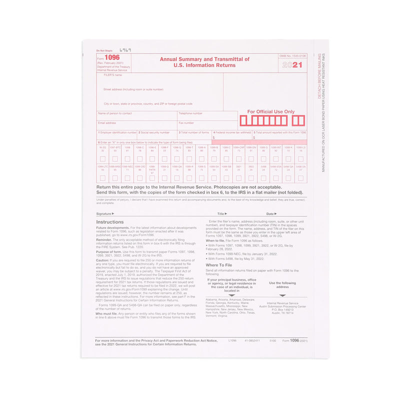 [Australia - AusPower] - 1096 Transmittal 2021 Tax Forms, 25 Pack of 1096 Summary Laser Forms, Compatible with QuickBooks and Accounting Software 