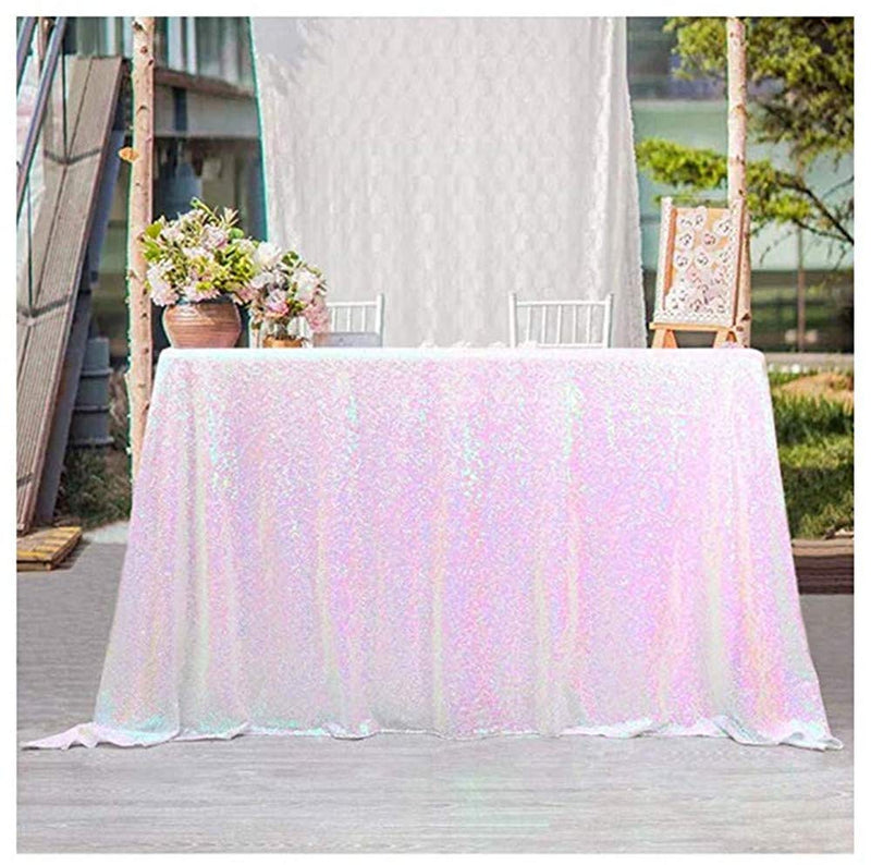 [Australia - AusPower] - 50x102 Inches White Iridescent Sequin Tablecloth Sparkle Rectangle Table Cloth for Wedding Birthday Party Sequin Overlay Table Decoration Iridescent White 