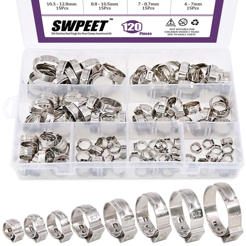 [Australia - AusPower] - Swpeet 120Pcs 8 Sizes 304 Stainless Steel Single Ear Hose Clamps, Crimp Hose Clamp Assortment Kit Ear Cinch Rings Crimp Pinch Fitting Tools Perfect for Automotive, Home Appliance Line 