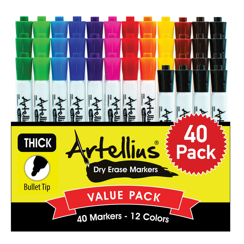 [Australia - AusPower] - 40 Pack of Dry Erase Markers (12 ASSORTED COLORS WITH 7 EXTRA BLACK) - Thick Barrel Design - Perfect Pens For Writing on Whiteboards, Dry-Erase Boards, Mirrors, Windows, & All White Board Surfaces 