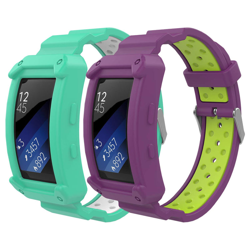 [Australia - AusPower] - MoKo Band Compatible with Gear Fit2 / Gear Fit2 Pro, [2-Pack] Soft Silicone Replacement Sport Band for Samsung Gear Fit 2 SM-R360 / Fit 2 Pro Smart Watch - Green & White + Purple & Yellow 