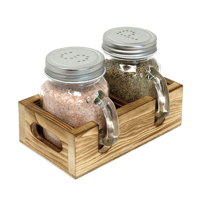 [Australia - AusPower] - Mason Jar Salt and Pepper Shakers Set with Wood Caddy, Easy to Clean & Refill for Farmhouse Kitchen Table, Rustic Home Decor and Gifts Clear 