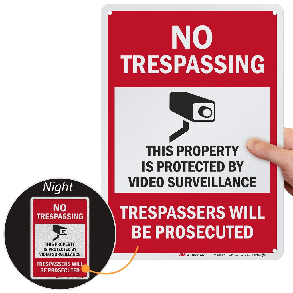 [Australia - AusPower] - SmartSign 14 x 10 inch “No Trespassing - Property Protected by Surveillance, Trespassers Prosecuted” Metal Sign, 40 mil Aluminum, Engineer Grade Reflective Material, Red, Black and White 10" x14" Reflective Aluminum 