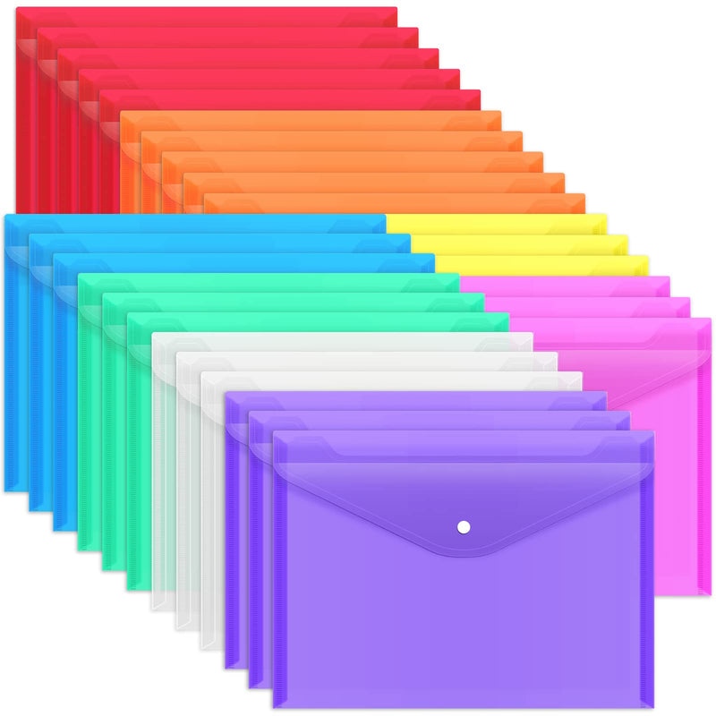 [Australia - AusPower] - EOOUT 28pcs Plastic Envelopes, Poly Envelope Folder, 8 Colors, Clear Plastic Reusable Folders with Snap Button Closure, A4 Size, Letter Size, for School and Office Supplies 