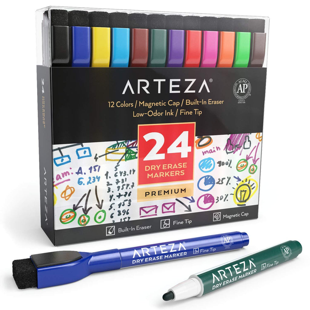 [Australia - AusPower] - Arteza Magnetic Dry Erase Markers with Eraser, Pack of 24 (with Fine Tip), 12 Assorted Colors with Low-Odor Ink, Whiteboard Pens, Office Supplies for School, Office, or Home Set of 24 