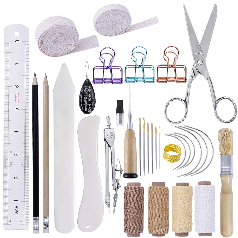 [Australia - AusPower] - BUTUZE 32 Pieces Hand Bookbinding Tools, Bookbinding Kit for Beginners,Complete Bookbinding Tool Kit with Bookbinding Waxed Thread,Sewing Needles for Paper Bookbinding 