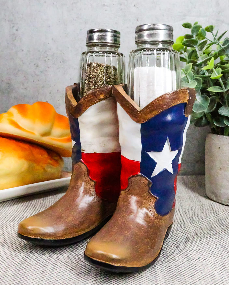[Australia - AusPower] - Ebros Western Cowboy Or Cowgirl Texas Flag Boots Salt And Pepper Shakers Set With Decorative Resin Display Holder Figurine And Glass Shakers Kitchen Two Step Spice Decor 