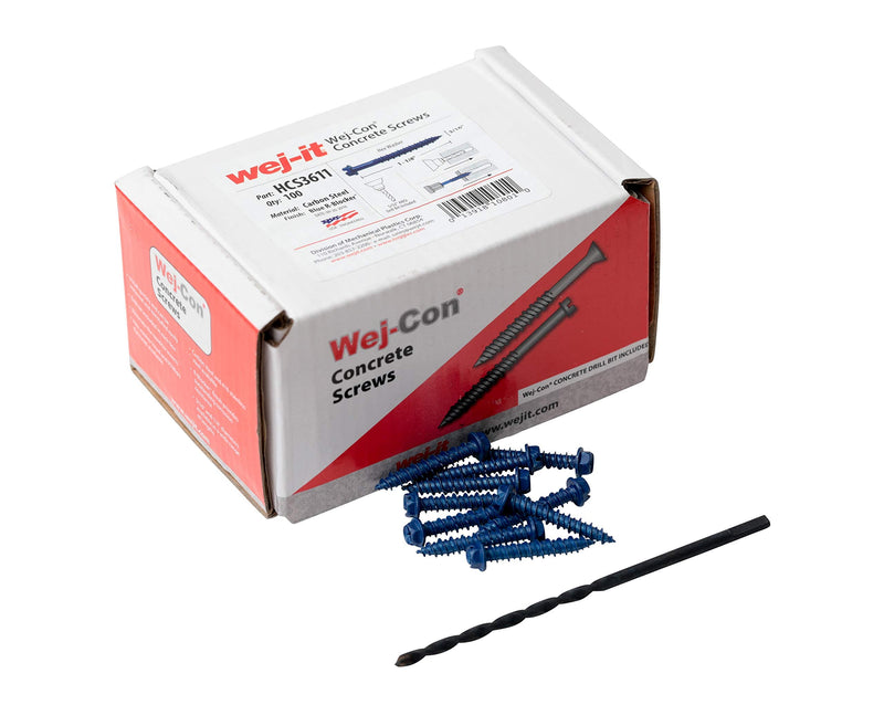 [Australia - AusPower] - Wej-It Wej-Con Concrete Screws 100 Pack - Drill Bit Included - Carbon Steel Corrosion Resistant for Indoor Outdoor Home/Office Improvement (Hex Washer Head with Slotted Drive (3/16 x 1-1/4) 
