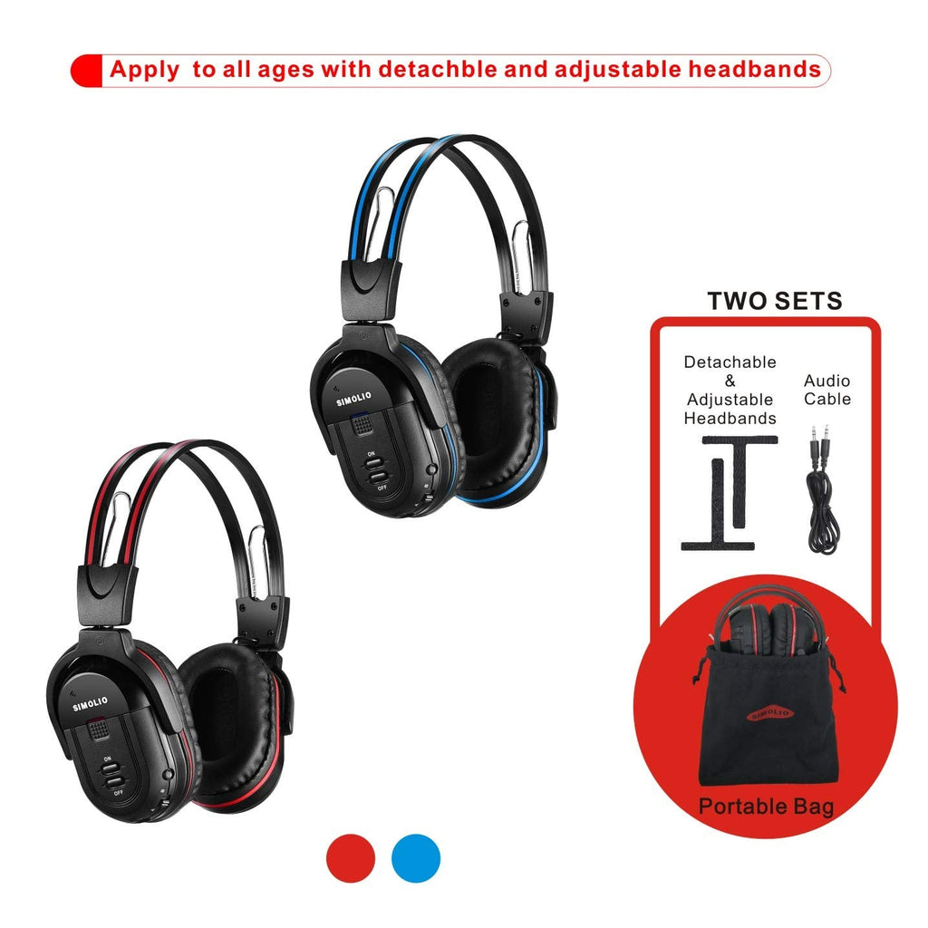 [Australia - AusPower] - SIMOLIO 2 Pack of IR Wireless Headphones for in Car TV Video Audio Listening, 2 Channel Car DVD Headphones for Kids with Custom Fit, Universal Infrared Headphones for Car DVD Headrest Video, AUX Cord Blue & Red 